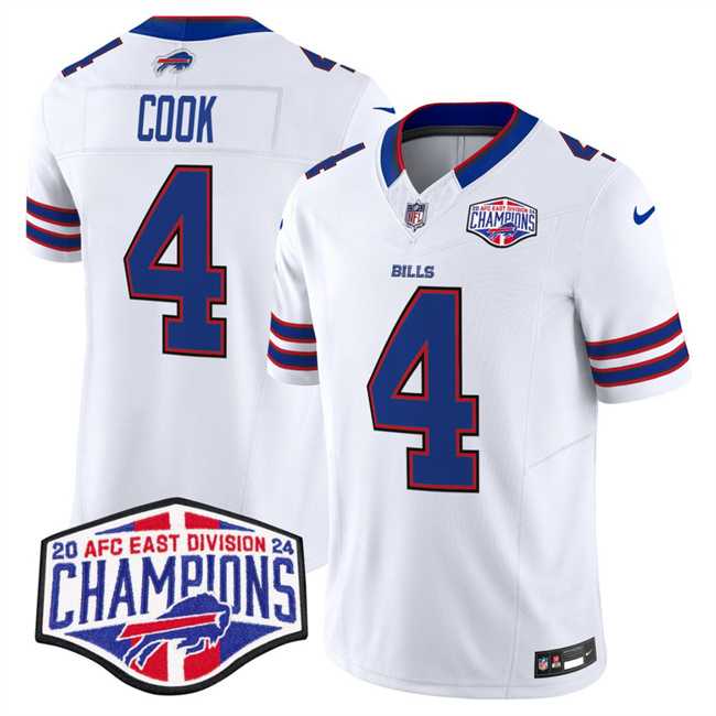 Men%27s Buffalo Bills #4 James Cook White F.U.S.E. 2024 AFC East Division Champions Vapor Limited Stitched Jersey